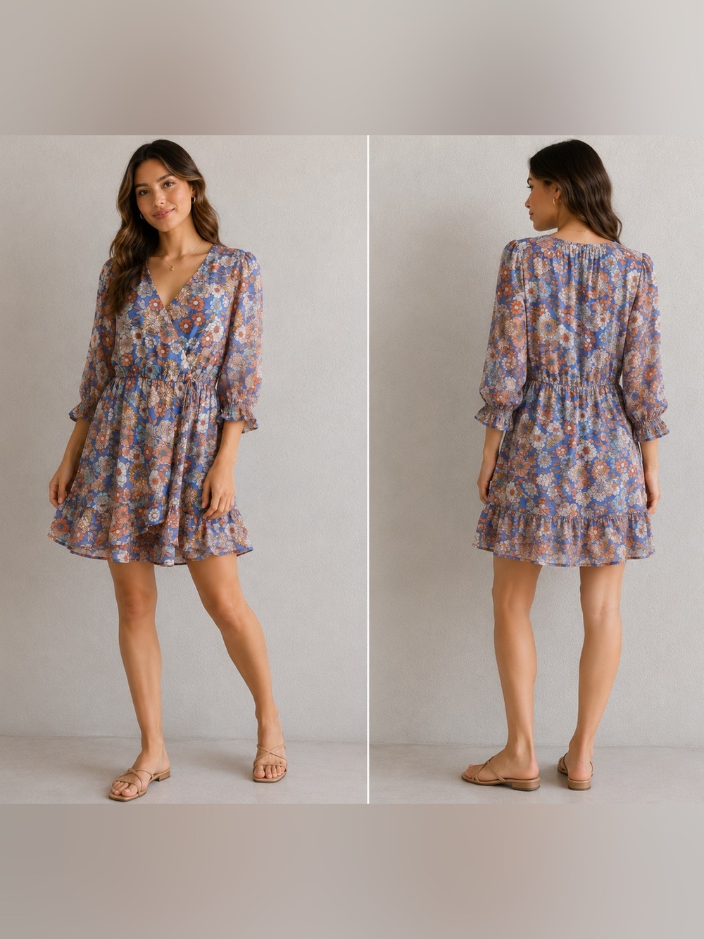Blue Floral V-Neck Tiered Mini Dress